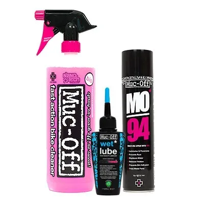 KIT MUC-OFF WASH PROTECT AND LUBE (BIKE CLEANER 1L.+MO94+WET LUBE) KIT MUC-OFF WASH PROTECT AND LUBE (BIKE CLEANER 1L.+MO94+WET LUBE)